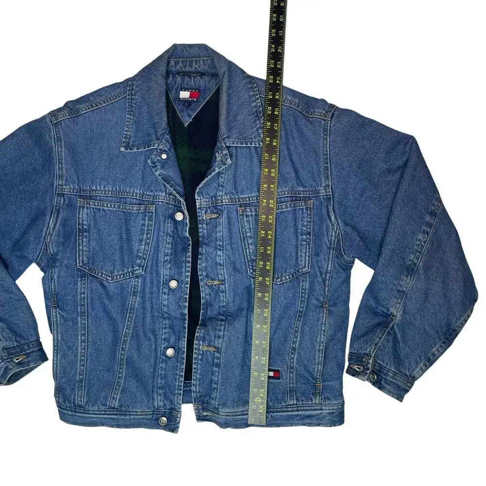 Vintage Tommy Hilfiger Denim Jacket Plaid Lined Kids Size L 6/6X Blue